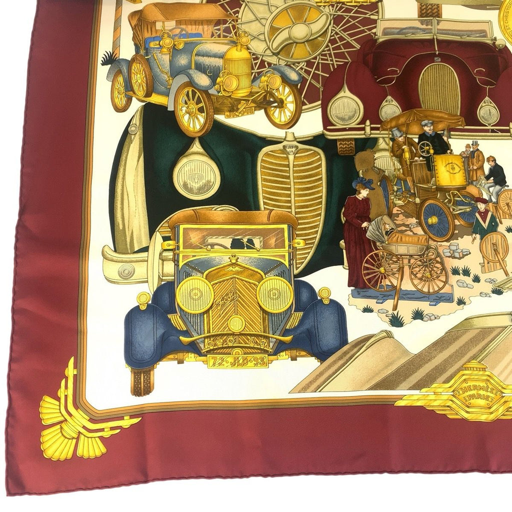 Hermes Automobile Carre 90 Wine Red Multicolor Silk Scarf — view 6
