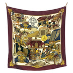 Hermes Automobile Carre 90 Wine Red Multicolor Silk Scarf