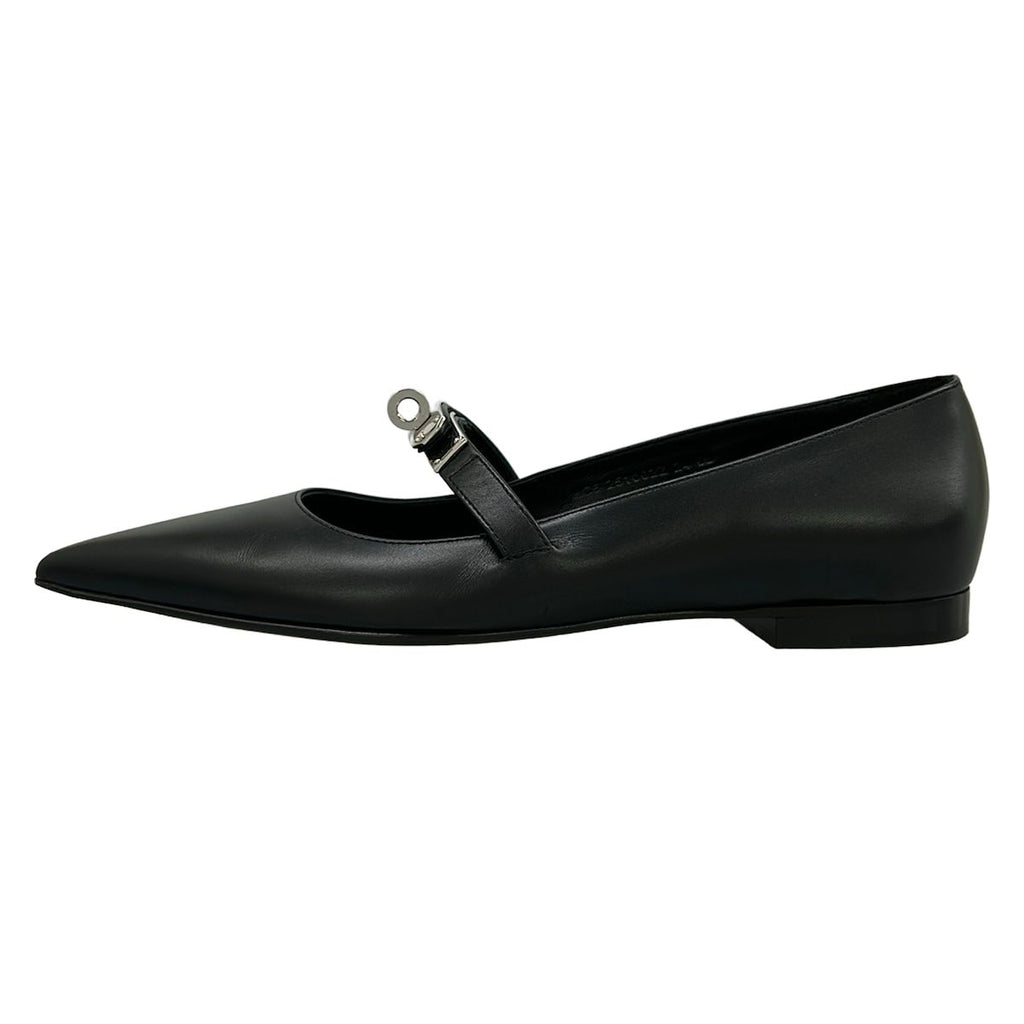 Hermes Flat Shoes 36 Kelly Buckle Black Silver Leather