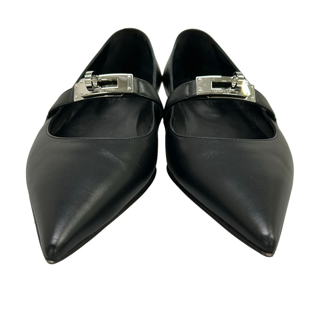 Hermes Flat Shoes 36 Kelly Buckle Black Silver Leather — view 5
