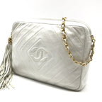 Chanel CC Logo Quilted Lambskin Leather Fringe Chain Shoulder Bag White — view 2