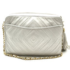 Chanel CC Logo Quilted Lambskin Leather Fringe Chain Shoulder Bag White — view 3