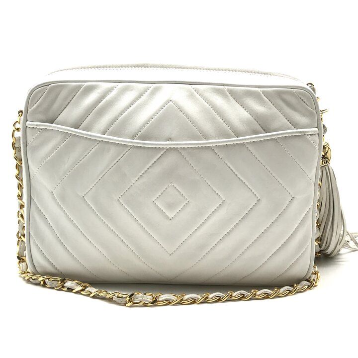 Chanel CC Logo Quilted Lambskin Leather Fringe Chain Shoulder Bag White — view 3
