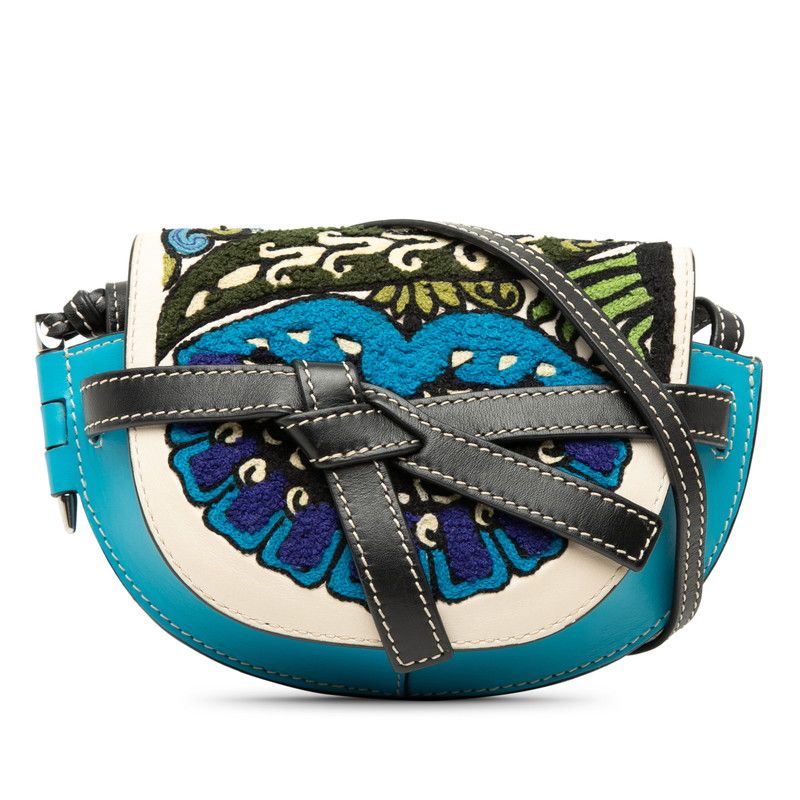 Loewe Gate Mini Floral Crossbody Shoulder Bag Pochette Blue Multicolor Leather