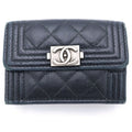 Chanel Trifold Wallet Compact Coin Case Black Caviar Leather Silver