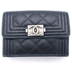 Chanel Trifold Wallet Compact Coin Case Black Caviar Leather Silver