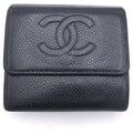Chanel CC Logo Trifold Wallet Compact Coin Case Black Caviar Silver