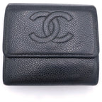Chanel CC Logo Trifold Wallet Compact Coin Case Black Caviar Silver