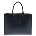 Prada Saffiano Tote Shoulder Bag Black Leather Gold