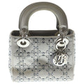 Dior Lady Cannage Rhinestone 2-Way Shoulder Bag Gray Satin Silver