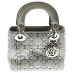 Dior Lady Cannage Rhinestone 2-Way Shoulder Bag Gray Satin Silver