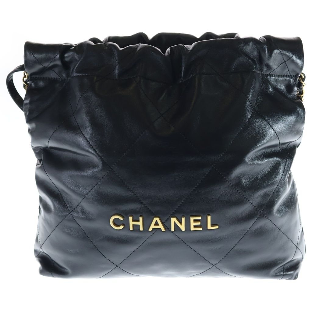 Chanel 22 Small CC Logo Shiny Calfskin Pouch Leather Chain Shoulder Bag Black