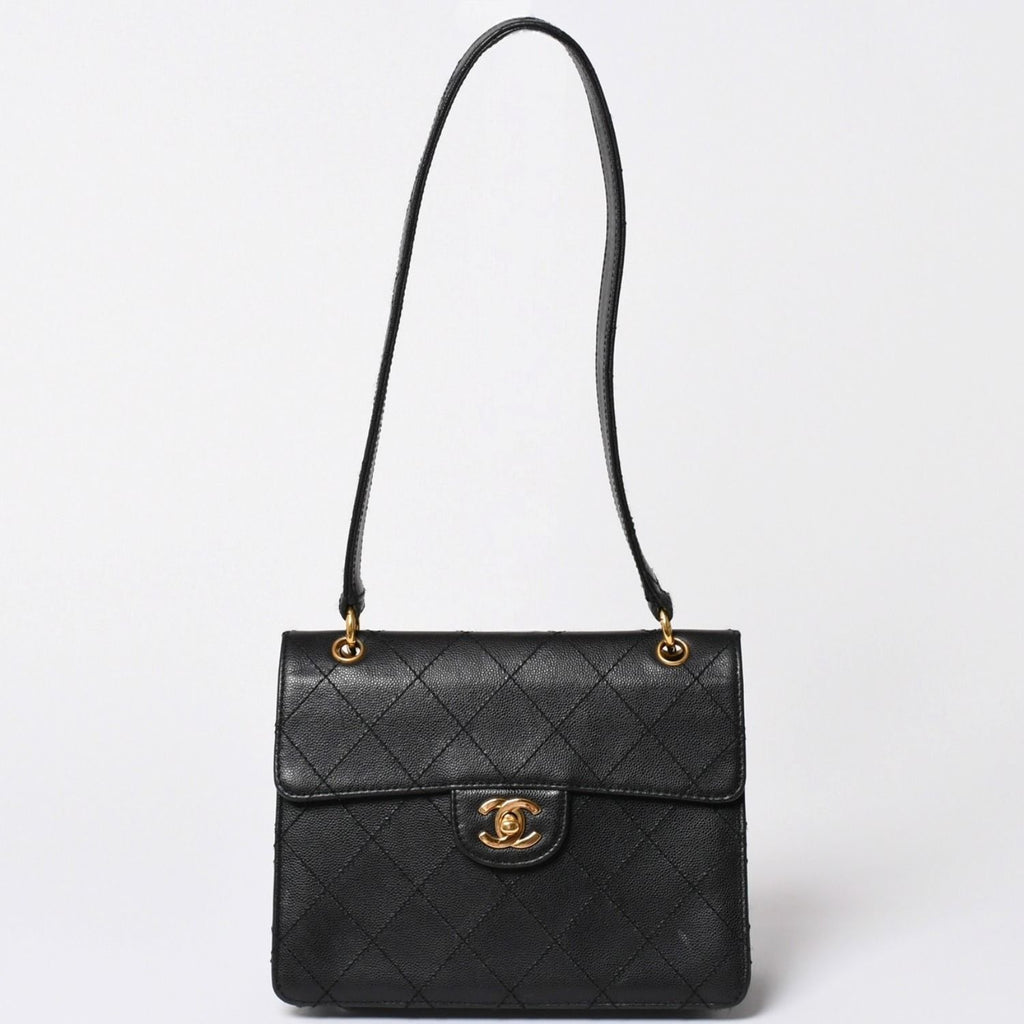 Chanel Quilted Bag CC Logo Caviar Leather Black Gold