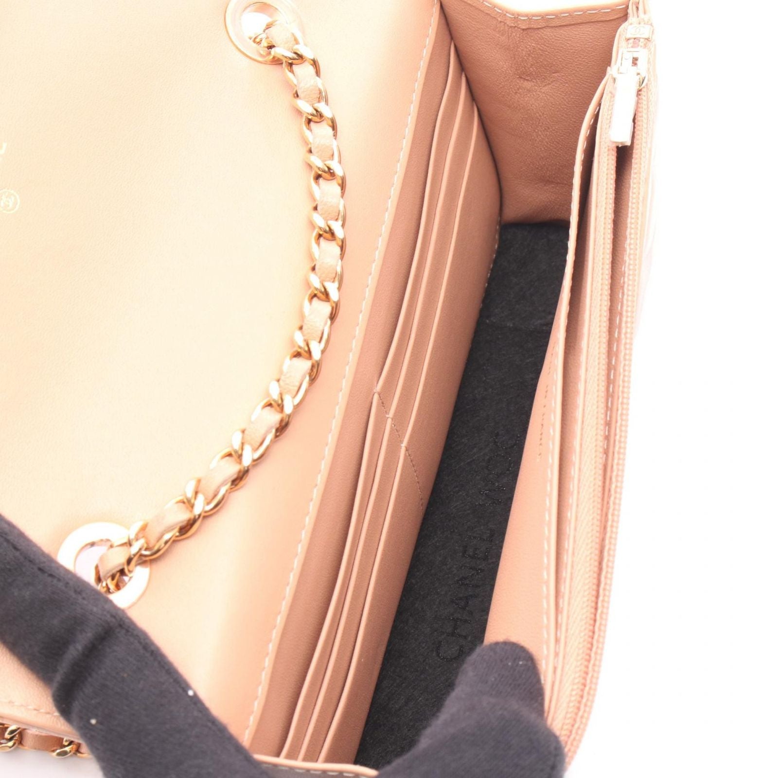 Chanel Shoulder Bag Quilted Pink Beige Lambskin Chain Wallet — view 3