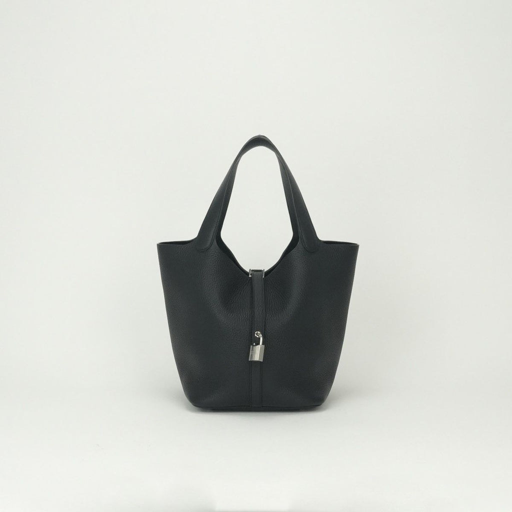 Hermes Picotin Lock MM 22 Tote Taurillon Clemence Noir Black Silver Handbag