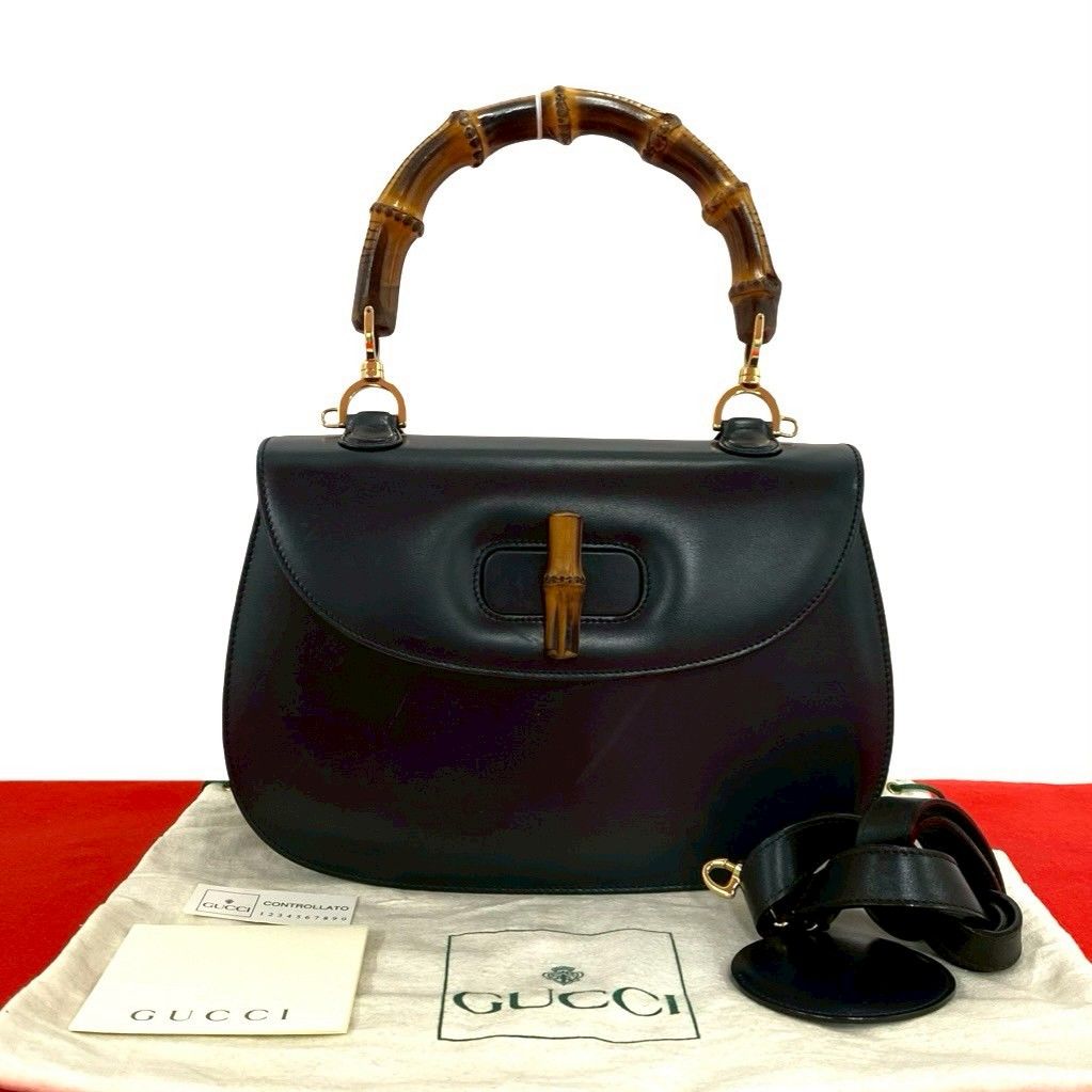 Gucci Vintage Bamb Leather 2-Way Shoulder Bag Black