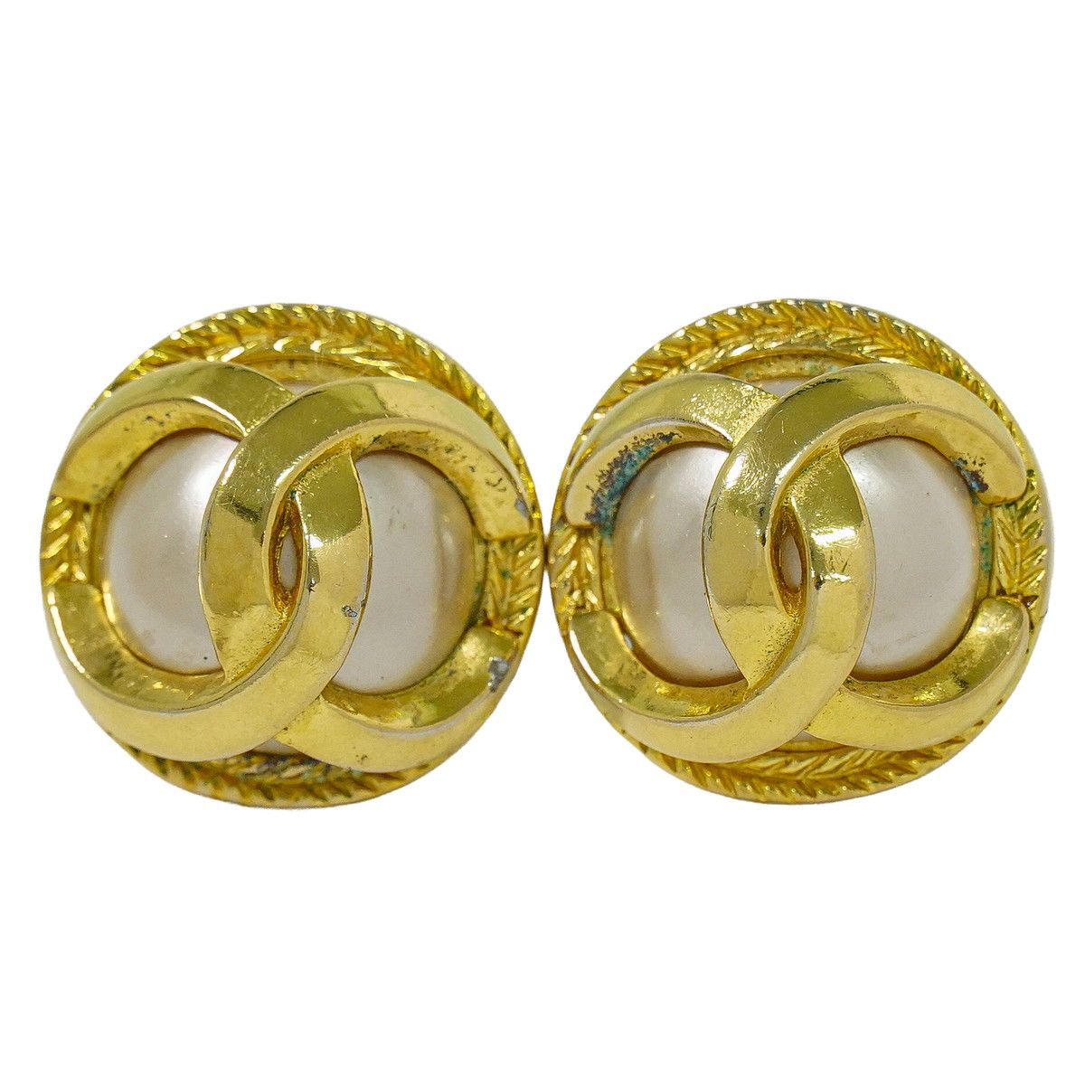Chanel CC Logo Faux Pearl Earrings Gold Plated White