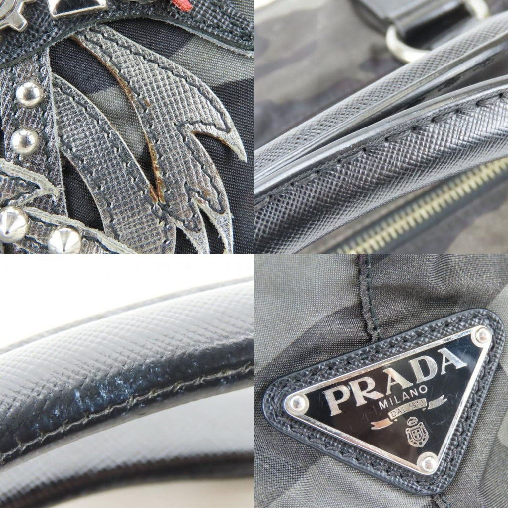 Prada Tote Camouflage Dragon & Sword Nylon Leather Gray Black Crossbody Studded — view 5
