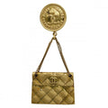 Chanel Brooch Quilted Bag Motif CC Logo Swing Vintage Gold Plated