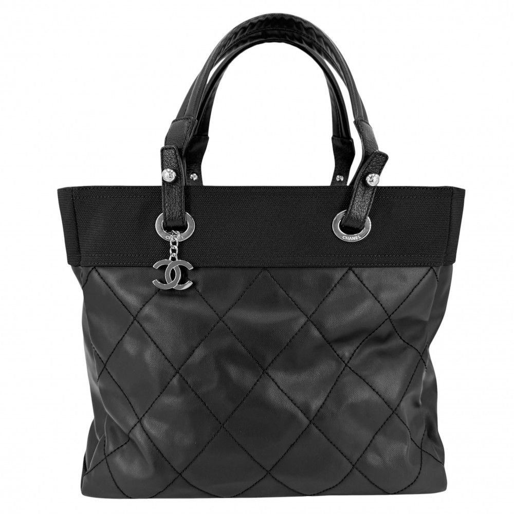 Chanel Tote Paris Biarritz MM Handbag CC Logo Shoulder CC Leather Black Silver