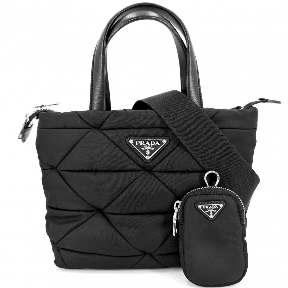 Prada 2-Way Small Padded Tote Shoulder Bag Crossbody Nylon Black Silver