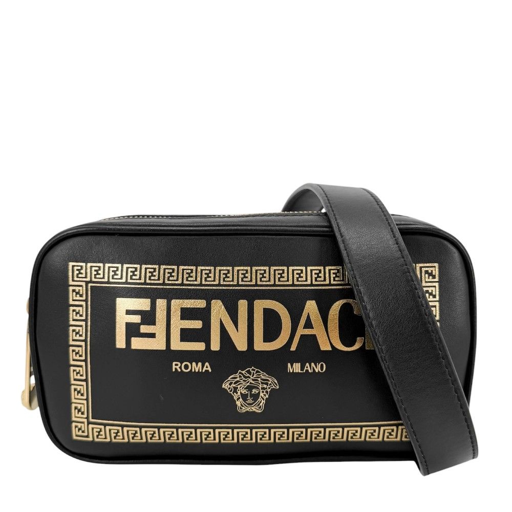 Fendi Shoulder Bag Fendace Collaboration Crossbody Medusa Leather Black Gold
