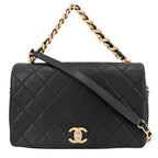 Chanel 2-Way Quilted CC Logo Shoulder Bag Crossbody Chain Caviar Leather Black