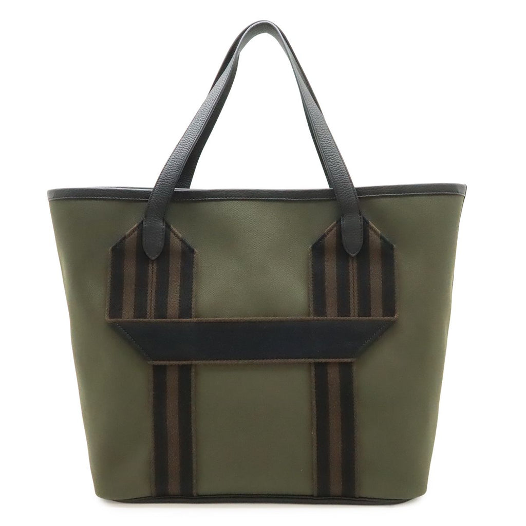 Hermes Pursangle 35 Tote Large Shoulder Bag Canvas Leather Khaki Black Brown
