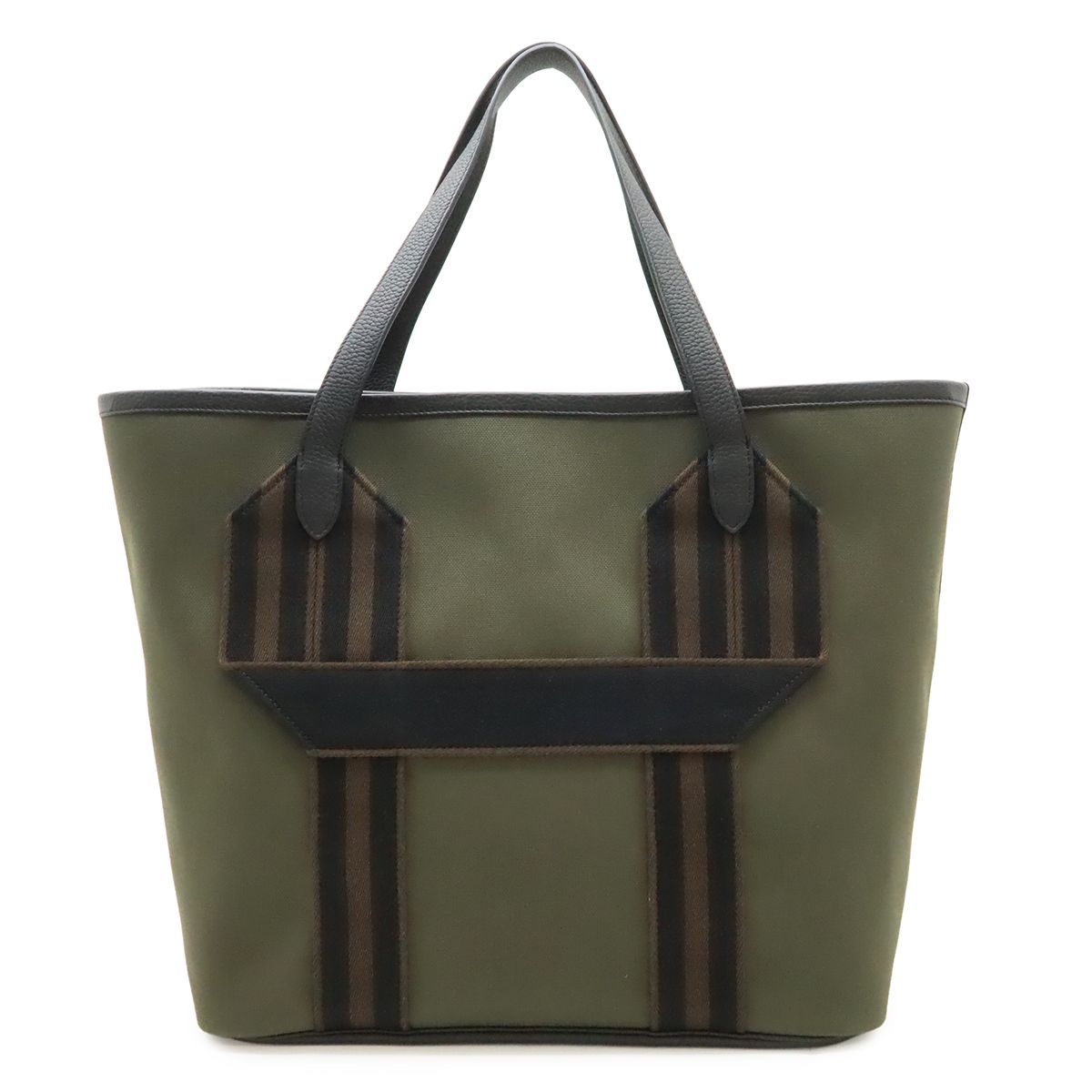 Hermes Pursangle 35 Tote Large Shoulder Bag Canvas Leather Khaki Black Brown