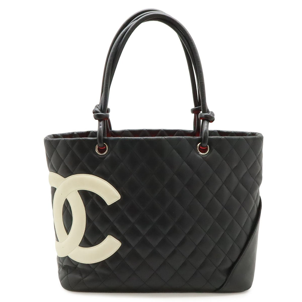 Chanel Cambon Line CC Logo Large Tote Shoulder Bag Soft Calf Black White Silver