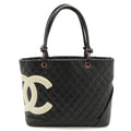 Chanel Cambon Line CC Logo Large Tote Shoulder Bag Soft Calf Black White Silver