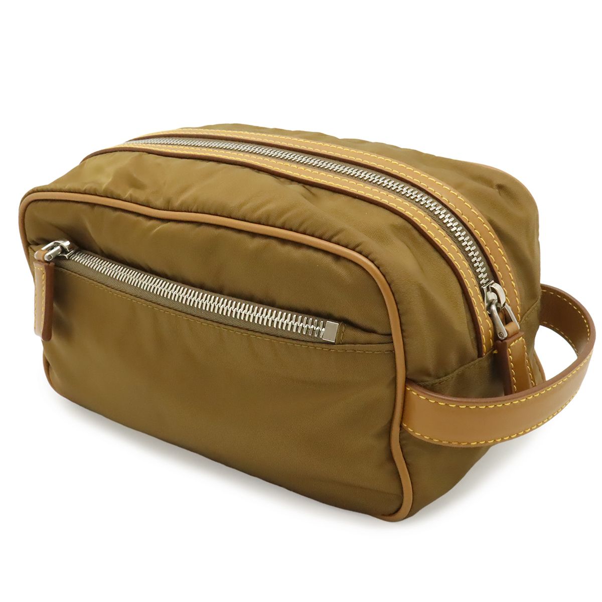 Prada Re-Nylon Triangle Logo Clutch Handbag Pouch Nylon Brown Silver — view 2