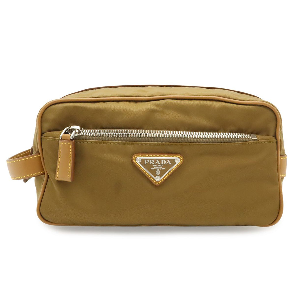 Prada Re-Nylon Triangle Logo Clutch Handbag Pouch Nylon Brown Silver