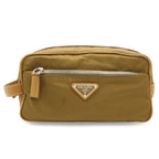 Prada Re-Nylon Triangle Logo Clutch Handbag Pouch Nylon Brown Silver
