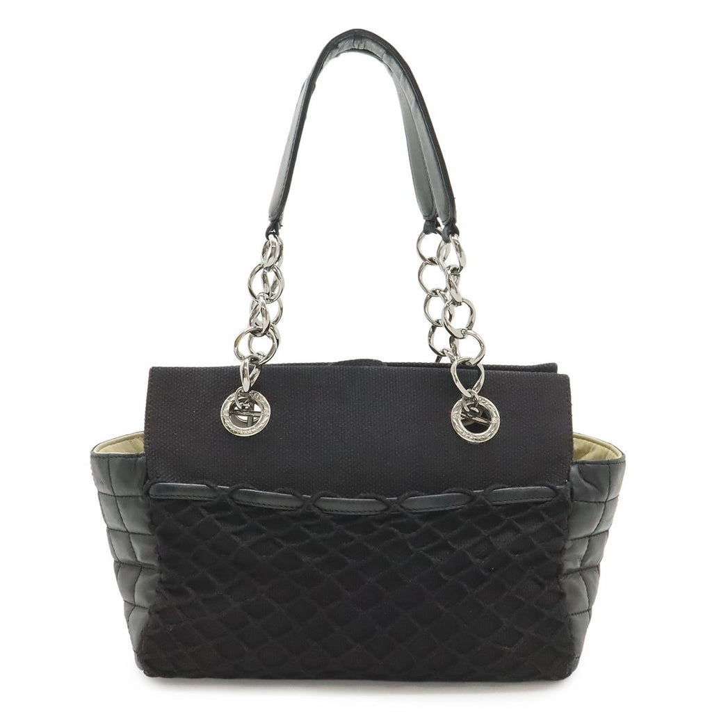 Chanel Choco Bar Chain Tote Quilted Net Canvas Leather Black