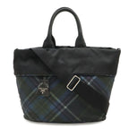 Prada Tote 2-Way Shoulder Bag Reversible Check Nylon Black Blue Multicolor