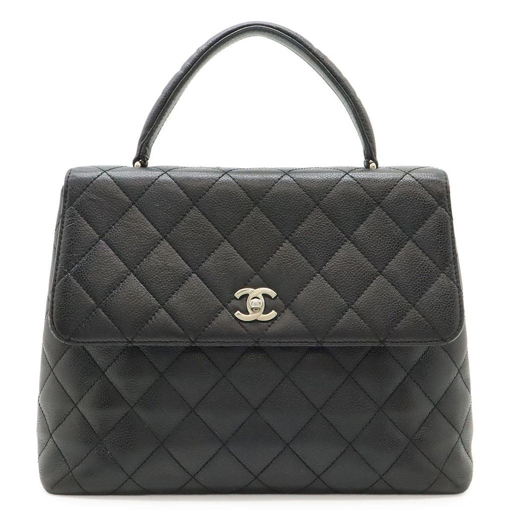 Chanel Quilted CC Logo Handbag Flap Bag Caviar Leather Black Silver