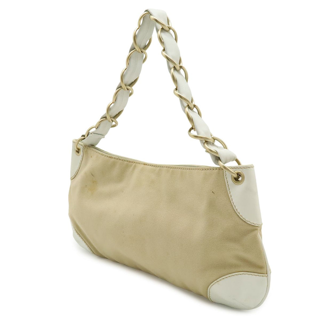 Chanel CC Logo Chain Shoulder Bag Canvas Leather White Beige Gold — view 2