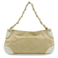 Chanel CC Logo Chain Shoulder Bag Canvas Leather White Beige Gold