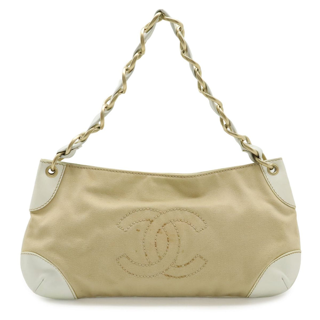 Chanel CC Logo Chain Shoulder Bag Canvas Leather White Beige Gold
