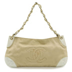 Chanel CC Logo Chain Shoulder Bag Canvas Leather White Beige Gold