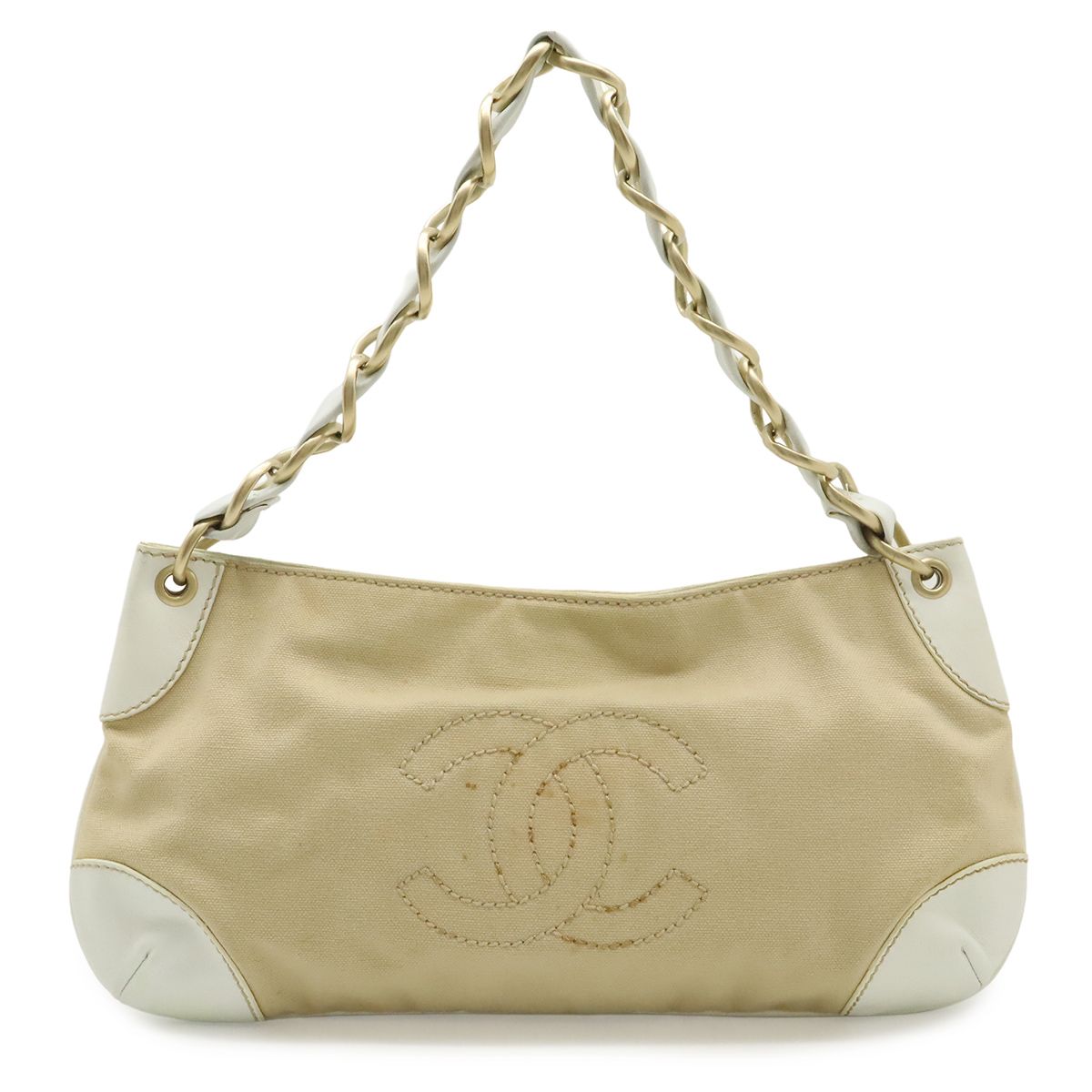 Chanel CC Logo Chain Shoulder Bag Canvas Leather White Beige Gold