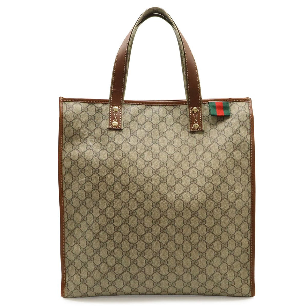 Gucci GG Supreme Tote Shoulder Bag Vertical Leather White Brown Gold