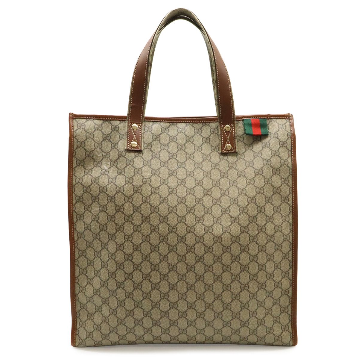 Gucci GG Supreme Tote Shoulder Bag Vertical Leather White Brown Gold