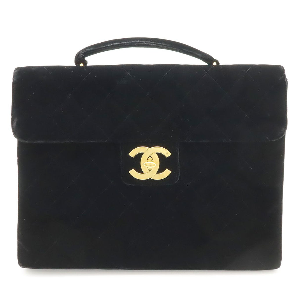 Chanel Quilted CC Logo Business Briefcase Handbag Velour Velvet Leather Black