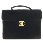 Chanel Quilted CC Logo Business Briefcase Handbag Velour Velvet Leather Black