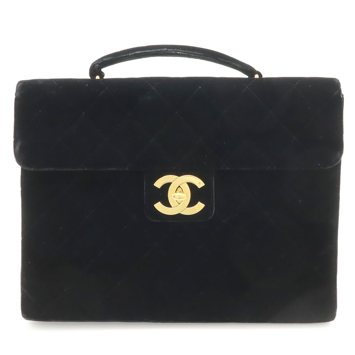 Chanel Quilted CC Logo Business Briefcase Handbag Velour Velvet Leather Black
