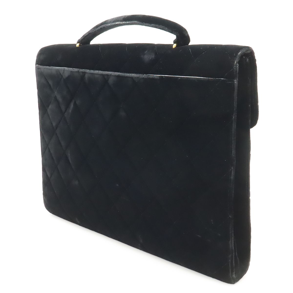 Chanel Quilted CC Logo Business Briefcase Handbag Velour Velvet Leather Black — view 2