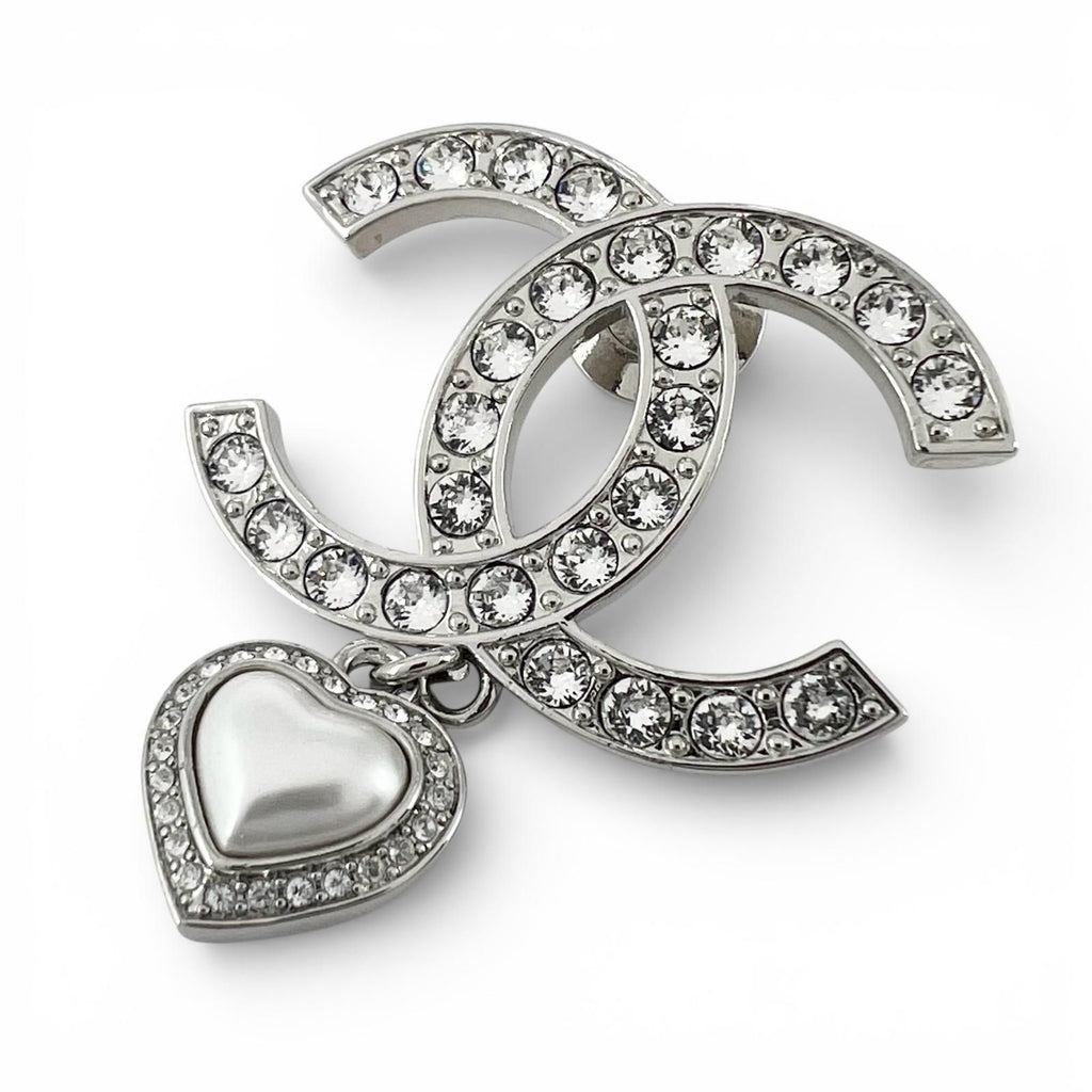 Chanel CC Logo Heart Rhinestone Pin Badge Brooch Silver