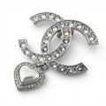 Chanel CC Logo Heart Rhinestone Pin Badge Brooch Silver